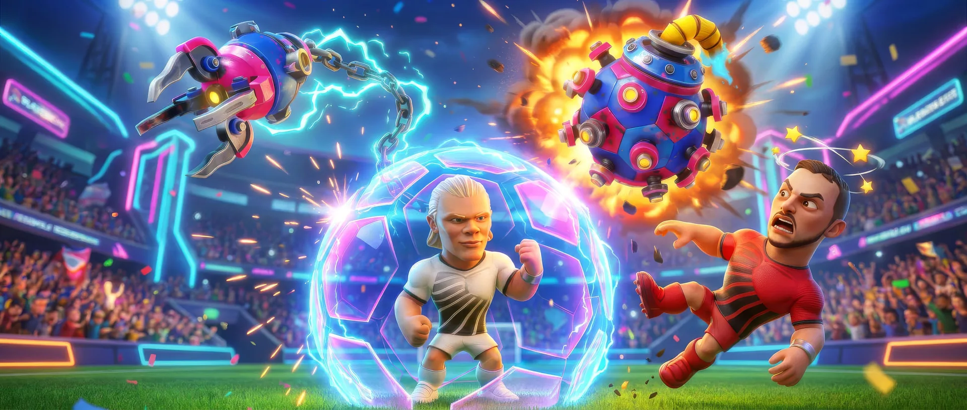 Kickdom key visual: a striker shielded in a glowing ball while a hook and a bomb fly across the stadium